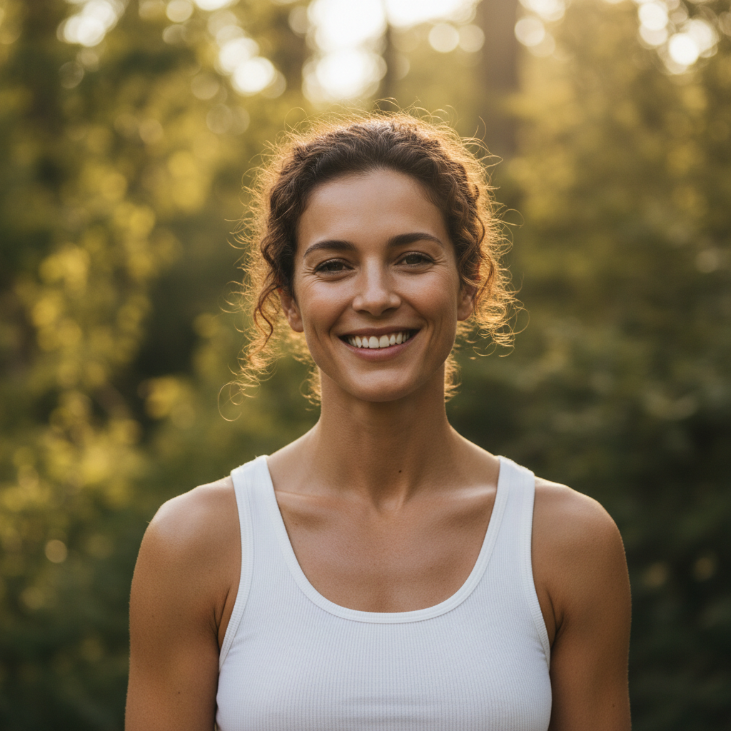 Smiling wellness practitioner in a natural outdoor setting